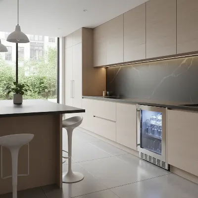 A sleek, built-in under counter ice maker seamlessly integrated into modern kitchen cabinetry, with a clear glass showcasing gourmet cube ice.