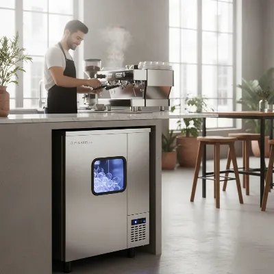 Undercounter commercial ice maker perfectly integrated into a modern cafe kitchen space