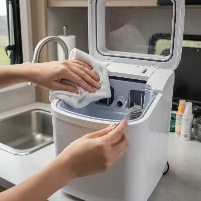 A person cleaning the interior of a small portable ice maker in an RV, showing attention to hygiene and maintenance. 
