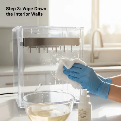 Person cleaning a Newair clear ice maker, demonstrating proper maintenance for longevity