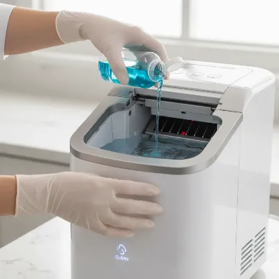 A person cleaning the water reservoir of a countertop ice maker, showing a descaling solution being poured in.