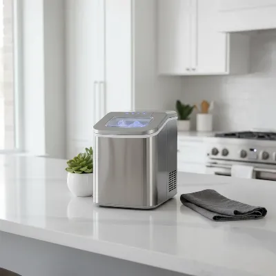 A well-maintained countertop ice maker in a clean kitchen, with emphasis on proper ventilation space.