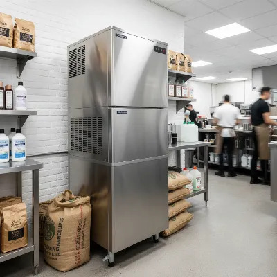 Modular commercial ice maker head sitting on a large storage bin in a busy cafe's back-of-house area