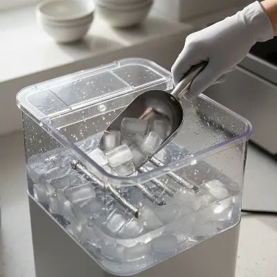 A person's hand scooping fresh bullet ice from a portable ice maker's basket