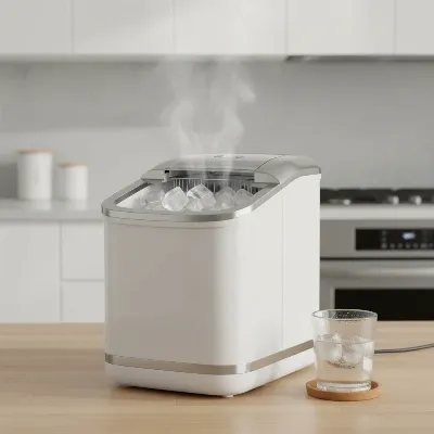 A compact portable ice maker on a modern kitchen counter, producing bullet ice