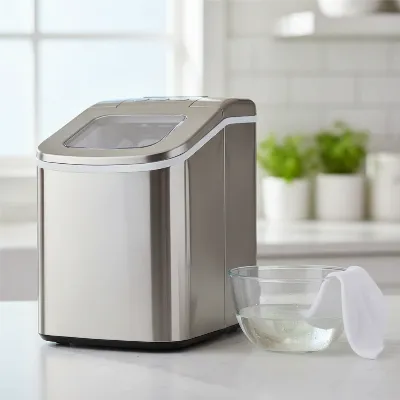 A close-up of a portable ice maker with a bowl of white vinegar and water solution beside it, illustrating natural descaling.