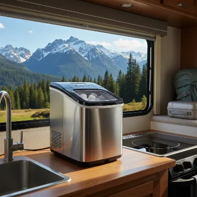 A sleek, compact portable ice maker on an RV countertop with a scenic mountain view outside the window, highlighting convenience and travel.