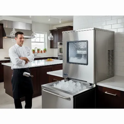 A robust commercial stainless steel ice maker in a professional kitchen setting.