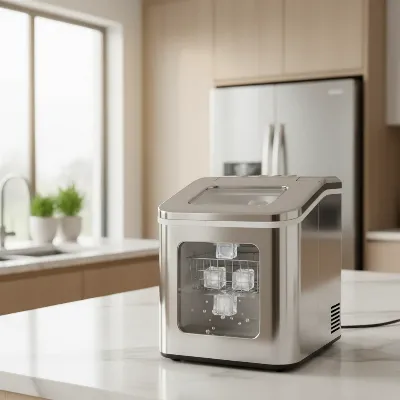 A sleek stainless steel countertop ice maker in a modern kitchen setup.